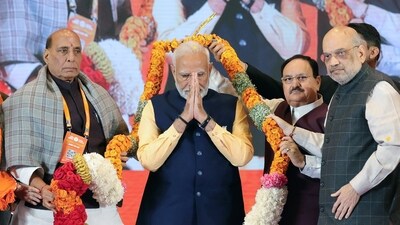 Prime Minister Narendra Modi with Union home minister Amit Shah, defence minister Rajnath Singh and BJP president Jagat Prakash Nadda. (ANI file) Prime Minister Narendra Modi with Union home minister Amit Shah, defence minister Rajnath Singh and BJP president Jagat Prakash Nadda. (ANI file)