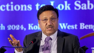 Chief Election Commissioner Rajiv Kumar addresses a press conference on poll preparedness for the upcoming Lok Sabha election, in Kolkata, Tuesday, March 5, 2024. (PTI) Chief Election Commissioner Rajiv Kumar addresses a press conference on poll preparedness for the upcoming Lok Sabha election, in Kolkata, Tuesday, March 5, 2024. (PTI)