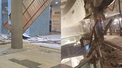 Screengrabs of the mall after (left) an iron grill fell at Galaxy Blue Sapphire Plaza Mall in Greater Noida and (right) faux ceiling collapsed at Vasant Kunj’s Ambience Mall, Screengrabs of the mall after (left) an iron grill fell at Galaxy Blue Sapphire Plaza Mall in Greater Noida and (right) faux ceiling collapsed at Vasant Kunj’s Ambience Mall,