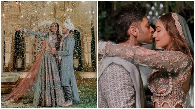 Surbhi Chandna gets a kiss from Karan Sharma in one of wedding photos. Surbhi Chandna gets a kiss from Karan Sharma in one of wedding photos.