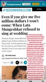 Taking to her Instagram Stories, Kangana compared herself to Lata Mangeshkar. Taking to her Instagram Stories, Kangana compared herself to Lata Mangeshkar.