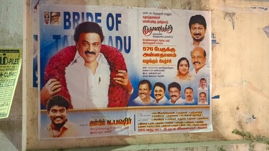 Tamil Nadu CM MK Stalin poster with the words ‘Bride of Tamil Nadu’. (X/@BefittingFacts)