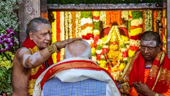 “Prayed for the good health, well being and prosperity of all Indians at the Sri Ujjaini Mahakali Devasthanam, Secunderabad,” PM Narendra Modi said on 'X,' and shared pictures of his visit to the temple.(PTI)