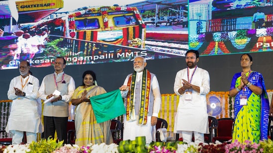 Later PM Modi inaugurated and laid the foundation for development projects worth more than <span class='webrupee'>₹</span>7,200 crore at Sangareddy.&nbsp;(PTI)