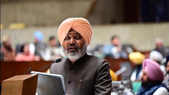 Punjab finance minister Punjab Harpal Singh Cheema presenting the annual 2024-25 budget. (Ravi Kumar/HT )