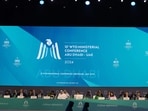 Delegates attend the 13th World Trade Organisation Ministerial Conference in Abu Dhabi of February 26, 2025. The world's trade ministers gathered in the UAE on February 26 for a high-level WTO meeting with no clear prospects for breakthroughs, amid geopolitical tensions and disagreements. (AFP)