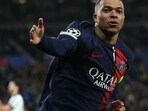 Paris Saint-Germain's French forward Kylian Mbappe celebrates scoring his team's second goal during the UEFA Champions League match vs Real Sociedad Paris Saint-Germain's French forward Kylian Mbappe celebrates scoring his team's second goal during the UEFA Champions League match vs Real Sociedad