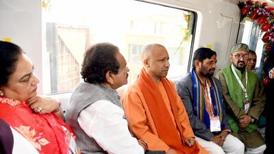 Chief minister Yogi Adityanath on board the Agra Metro train . (HT PHOTO) Chief minister Yogi Adityanath on board the Agra Metro train . (HT PHOTO)