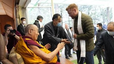 England batsman Jonny Bairstow meeting Tibetan spiritual leader the Dalai Lama in McLeodganj, Dharamshala. (HT Photo) England batsman Jonny Bairstow meeting Tibetan spiritual leader the Dalai Lama in McLeodganj, Dharamshala. (HT Photo)