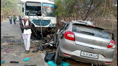 Five persons were killed after a car collided with a Haryana roadways bus in Mahendergarh on Wednesday. (Manoj Dhaka/ HT) Five persons were killed after a car collided with a Haryana roadways bus in Mahendergarh on Wednesday. (Manoj Dhaka/ HT)