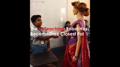 India's first AI teacher, Iris, interacts with a student. (X/@makerlabs_official) India's first AI teacher, Iris, interacts with a student. (X/@makerlabs_official)