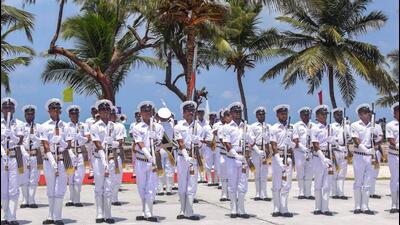 Indian Naval officers seen during the commissioning of naval base 'INS Jatayu', at Minicoy, Lakshadweep Islands, on Wednesday. (PTI) Indian Naval officers seen during the commissioning of naval base 'INS Jatayu', at Minicoy, Lakshadweep Islands, on Wednesday. (PTI)