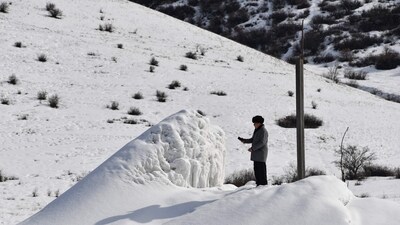 In the Tian-Shan mountains of Kyrgyzstan, villagers have made an artificial glacier to provide water for their drought-hit farms. (AFP) In the Tian-Shan mountains of Kyrgyzstan, villagers have made an artificial glacier to provide water for their drought-hit farms. (AFP)