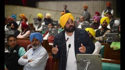 Punjab CM Punjab Bhagwant Mann speaking during debate in Chandigarh on Wednesday. (Ravi Kumar/HT) Punjab CM Punjab Bhagwant Mann speaking during debate in Chandigarh on Wednesday. (Ravi Kumar/HT)