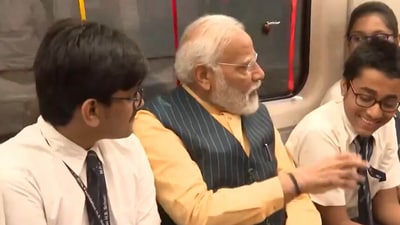 After the inauguration programme, PM Modi took a metro ride from Esplanade to Howrah Maidan along with school children. (Video Screengrab) After the inauguration programme, PM Modi took a metro ride from Esplanade to Howrah Maidan along with school children. (Video Screengrab)