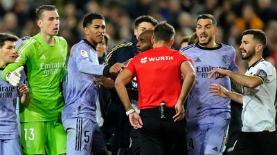 Real Madrid's Jude Bellingham, third left, remonstrates after his goal was disallowed (AP)