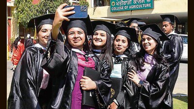 Students in a jubilant mood after receiving degrees during the convocation of Guru Angad Dev Veterinary and Animal Sciences University in Ludhiana on Wednesday. (Gurpreet Singh/HT Photo)