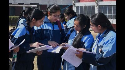 Students of Guru Nanak Public School discussing after the economics exam in Ludhiana on Wednesday, March 06, 2024. (Manish/HT Photo)