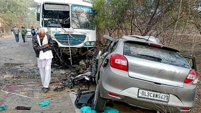 The Haryana Roadways bus and the car that collided near Saha village in Rewari district on Wednesday morning. (Manoj Dhaka/HT)