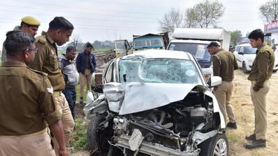 The Swift Dzire car that was involved in the accident on Wednesday. A a woman car passenger and the pickup van driver were killed in the accident. (Sakib Ali/HT Photo) The Swift Dzire car that was involved in the accident on Wednesday. A a woman car passenger and the pickup van driver were killed in the accident. (Sakib Ali/HT Photo)