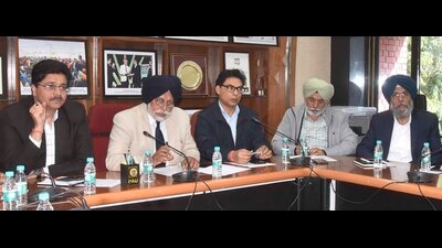 Vice-chancellor Satbir Singh Gosal, along with other senior officials from PAU during a media conference in Ludhiana on Wednesday. (Gurpreet Singh/HT Photo)