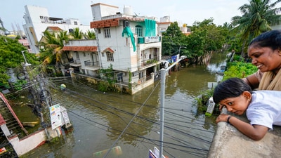 An inundated area amid floods after heavy rainfall in the aftermath of Cyclone Michaung, in Chennai. (PTI) An inundated area amid floods after heavy rainfall in the aftermath of Cyclone Michaung, in Chennai. (PTI)