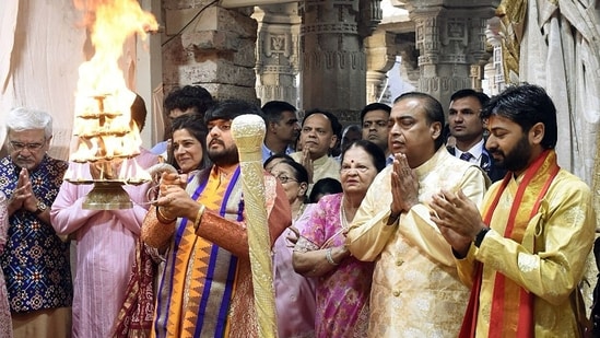 Reliance Industries chairman Mukesh Ambani and his mother Kokilaben offered prayers at the Dwarkadhish temple in Gujarat after hosting a lavish pre-wedding of his son Anant Ambani and Radhika Merchant in Jamnagar.