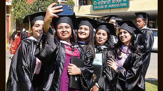 Students in a jubilant mood after receiving degrees during the convocation of Guru Angad Dev Veterinary and Animal Sciences University in Ludhiana on Wednesday. (Gurpreet Singh/HT Photo)