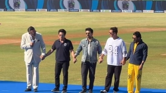 Boman Irani, Sachin Tendulkar, Ram Charan, Akshay Kumar, and Suriya at Indian Street Premiere League