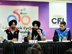Maninder Pal Singh secretary General CFI, Onkar Singh secretary General Asian Cycling Confederation, Kevin Sireau chief coach and Joginder Coach India address a press conference on upcoming 43rd Asian trackcycling championship at IGI stadium in New Delhi 