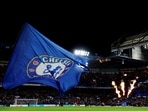 General view of a Chelsea flag beside the pitch before the match