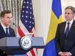 Swedish Prime Minister Ulf Kristersson speaks, as U.S. Secretary of State Antony Blinken listens, during joint press statements on Sweden's entry into NATO at the State Department in Washington, U.S., March 7, 2024. REUTERS/Amanda Andrade-Rhoades