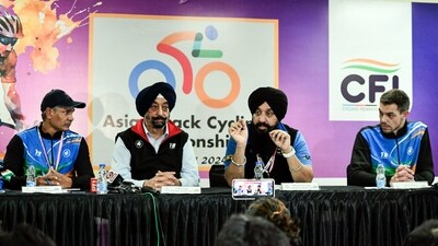 Maninder Pal Singh secretary General CFI, Onkar Singh secretary General Asian Cycling Confederation, Kevin Sireau chief coach and Joginder Coach India address a press conference on upcoming 43rd Asian trackcycling championship at IGI stadium in New Delhi (Mohd Zakir) Maninder Pal Singh secretary General CFI, Onkar Singh secretary General Asian Cycling Confederation, Kevin Sireau chief coach and Joginder Coach India address a press conference on upcoming 43rd Asian trackcycling championship at IGI stadium in New Delhi (Mohd Zakir)