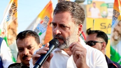 Congress leader Rahul Gandhi addresses the crowd during the Bharat Jodo Nyay Yatra in Ratlam on Wednesday. (ANI Photo) Congress leader Rahul Gandhi addresses the crowd during the Bharat Jodo Nyay Yatra in Ratlam on Wednesday. (ANI Photo)