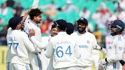 Kuldeep Yadav shows the match ball after taking his fifth wicket of the innings, dismissing England captain Ben Stokes on a duck. (ANI ) Kuldeep Yadav shows the match ball after taking his fifth wicket of the innings, dismissing England captain Ben Stokes on a duck. (ANI )