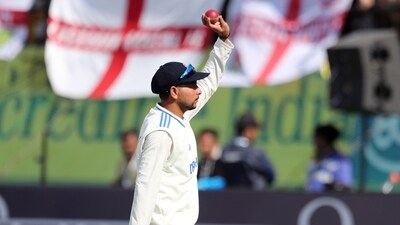 Kuldeep Yadav shows the match ball as he completes a five-wicket haul on Day 1 of the 5th Test match against England (ANI ) Kuldeep Yadav shows the match ball as he completes a five-wicket haul on Day 1 of the 5th Test match against England (ANI )