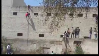 As classes 10 and 12 board examinations are underway in Haryana, videos of cheating at a school in the Nuh district surfaced showing people climbing up the school walls to pass chits to help students write their exam. (HT Photo) As classes 10 and 12 board examinations are underway in Haryana, videos of cheating at a school in the Nuh district surfaced showing people climbing up the school walls to pass chits to help students write their exam. (HT Photo)