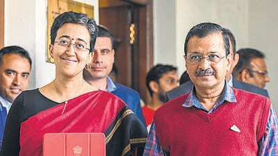 Finance minister Atishi and chief minister Arvind Kejriwal before presenting the Delhi Budget on Monday. (Raj K Raj/HT Photo) Finance minister Atishi and chief minister Arvind Kejriwal before presenting the Delhi Budget on Monday. (Raj K Raj/HT Photo)
