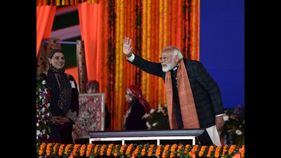 Kashmir, India - March. 07, 2024:Prime Minister Narendra Modi waves at a public during the launch of various projects and a public rally,at Bakshi Stadium in Srinagaron 07 March 2024.(Photo By Waseem Andrabi /Hindustan Times)--