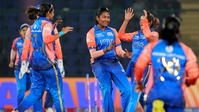 New Delhi: Mumbai Indians' bowler Saika Ishaque celebrates with teammates the wicket of UP Warriorz's Grace Harris during the Women's Premier League (WPL) 2024 cricket match between Mumbai Indians and UP Warriorz (PTI) New Delhi: Mumbai Indians' bowler Saika Ishaque celebrates with teammates the wicket of UP Warriorz's Grace Harris during the Women's Premier League (WPL) 2024 cricket match between Mumbai Indians and UP Warriorz (PTI)
