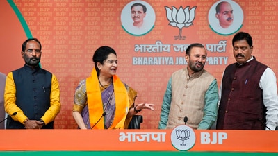 Former Congress leader from Kerala Padmaja Venugopal addresses media after joining Bharatiya Janata Party (BJP) in the presence of party leader Prakash Javadekar in New Delhi on March 7. (PTI)