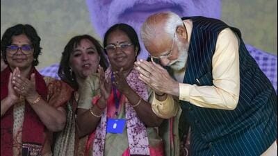 Prime Minister Narendra Modi during the 'Nari Shakti Vandan Abhinandan' programme at Barasat in North 24 Parganas district of West Bengal on Wednesday. (PTI Photo) Prime Minister Narendra Modi during the 'Nari Shakti Vandan Abhinandan' programme at Barasat in North 24 Parganas district of West Bengal on Wednesday. (PTI Photo)