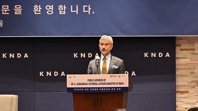 External Affairs Minister S Jaishankar addresses a gathering at the Korea National Diplomatic Academy on 'Broadening Horizons: India-Korea Partnership in the Indo-Pacific', in Seoul on Tuesday. (Jaishankar/X) External Affairs Minister S Jaishankar addresses a gathering at the Korea National Diplomatic Academy on 'Broadening Horizons: India-Korea Partnership in the Indo-Pacific', in Seoul on Tuesday. (Jaishankar/X)