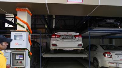 The multi-level parking lot at Amar Colony was recently inaugurated. (Sanchit Khanna/HT Photo)