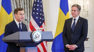 Swedish Prime Minister Ulf Kristersson speaks, as U.S. Secretary of State Antony Blinken listens, during joint press statements on Sweden's entry into NATO at the State Department in Washington, U.S., March 7, 2024. REUTERS/Amanda Andrade-Rhoades