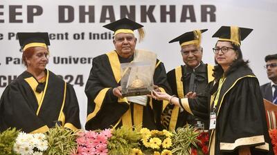 Vice President Jagdeep Dhankhar being felicitated during the 71st convocation of Panjab University, in Chandigarh, Thursday. (PTI)