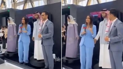 The image shows two reporters with Saudi Arabia's first male robot. (Screengrab) The image shows two reporters with Saudi Arabia's first male robot. (Screengrab)