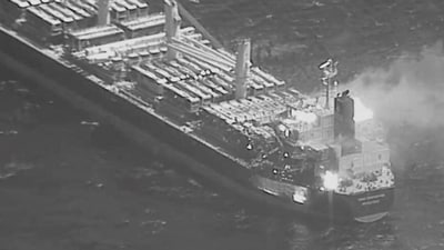 In this image obtained from the US Central Command (CENTCOM) on March 6, 2024, shows the Barbados-flagged, Liberian-owned bulk carrier after it was hit by anti-ship ballistic missile (ASBM) launched from Iranian-backed Houthi rebels. (AFP) In this image obtained from the US Central Command (CENTCOM) on March 6, 2024, shows the Barbados-flagged, Liberian-owned bulk carrier after it was hit by anti-ship ballistic missile (ASBM) launched from Iranian-backed Houthi rebels. (AFP)