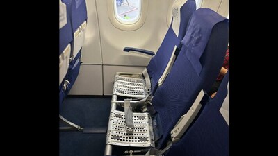 Snapshot of the seats without a cushion on an IndiGo flight. (X/@yavanika_shah) Snapshot of the seats without a cushion on an IndiGo flight. (X/@yavanika_shah)