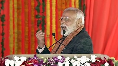 Prime Minister Narendra Modi addresses the gathering during the 'Viksit Bharat Viksit Jammu Kashmir' program, at Bakshi Stadium in Srinagar on Thursday. (ANI ) Prime Minister Narendra Modi addresses the gathering during the 'Viksit Bharat Viksit Jammu Kashmir' program, at Bakshi Stadium in Srinagar on Thursday. (ANI )